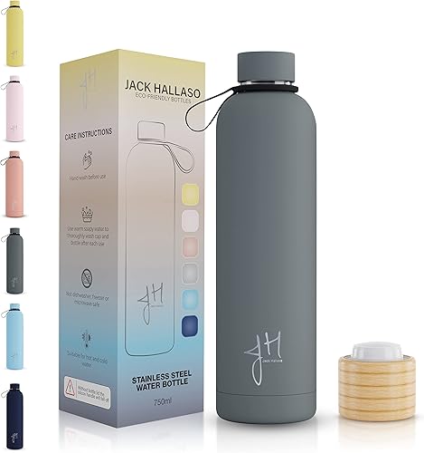 Paquete de botellas de agua de acero inoxidable 25 onzas botellas de agua con dos tapas y mango de silicona a prueba de fugas botella de agua