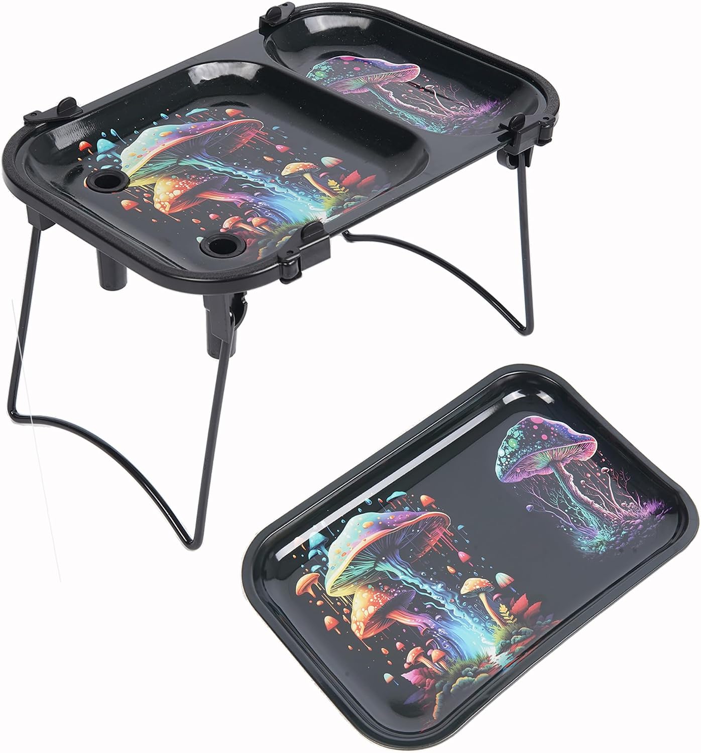 Foldable Metal Rolling Tray, 2pcs Large Coloful Multi-Purpose Metal 9.1 x 6.2 inches Table Kit Including Tools Packer Maker Colorful Mushroom Pattern
