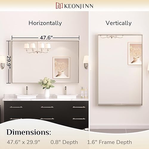 Miniatura 156 de Keonjinn Espejo de baño dorado de 48 x 36 pulgadas, espejo rectangular con marco de metal dorado cepillado, espejo de pared grande rectangular
