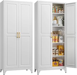 Kitchen Pantry Storage Cabinets, 75" Tall Metal Storage Cabinet with Doors and 4 Shelves, White Pantry Cabinet, Utility Kitchen Cupboard, Large Steel Cabinets for Dining Room, Office, Living Room