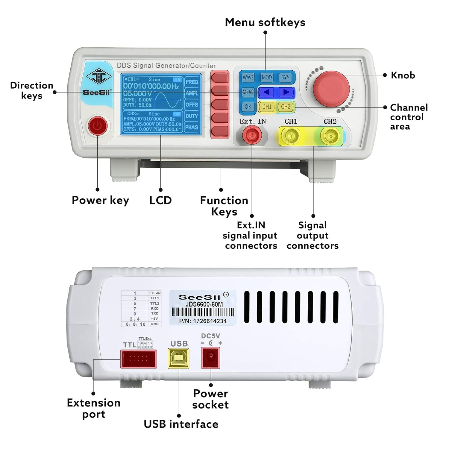 Professional Upgraded DDS Signal Generator Counter, Seesii 60MHz LCD Display High Precision 200MSa/s Dual-Channel Arbitray Waveform Function Generator Frequency Meter