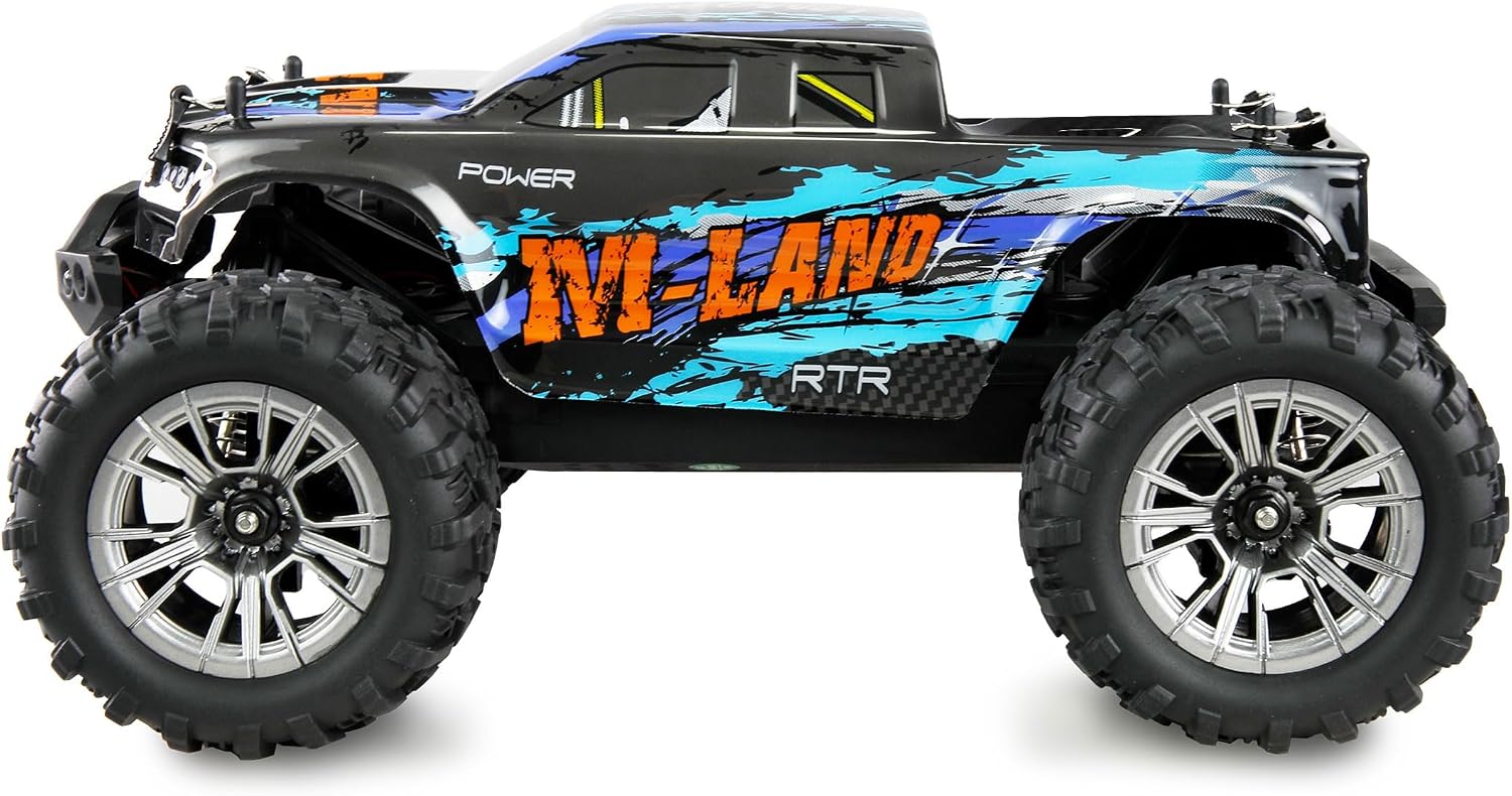 Amewi M-Land Monster Truck, RC Remote Controlled, 48 km/h 4WD 1:16 RTR Blue with Remote Control, Battery, Charging Cable