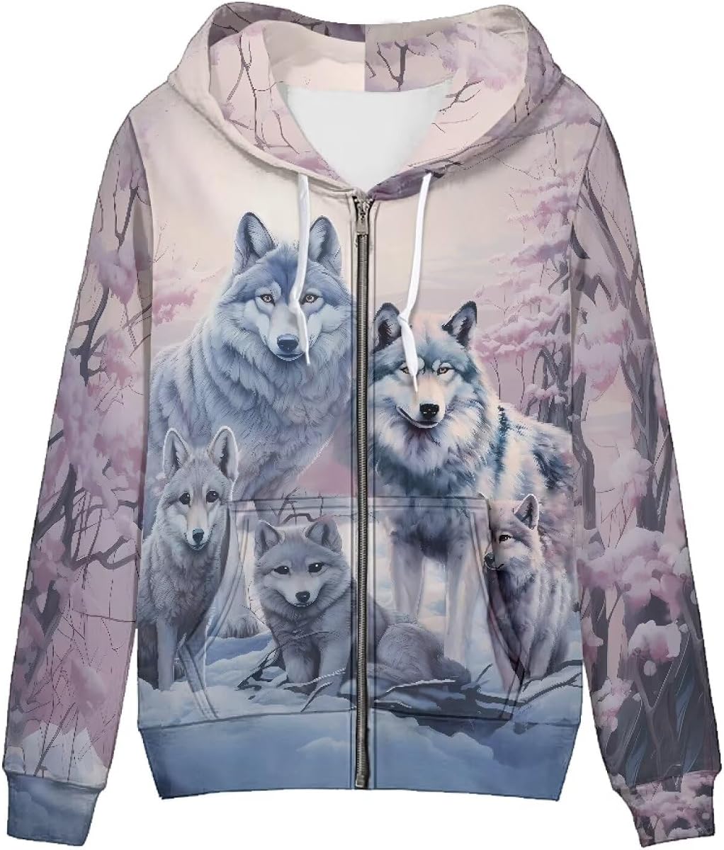 Showudesigns Wolf Zip Up Hoodie for Womens Jacket Women's Yoga Clothing Sweatshirt Pullover Medium Sweater Tops Y2K Jackets Fall Outfits Body Cool Wolves Family Forest