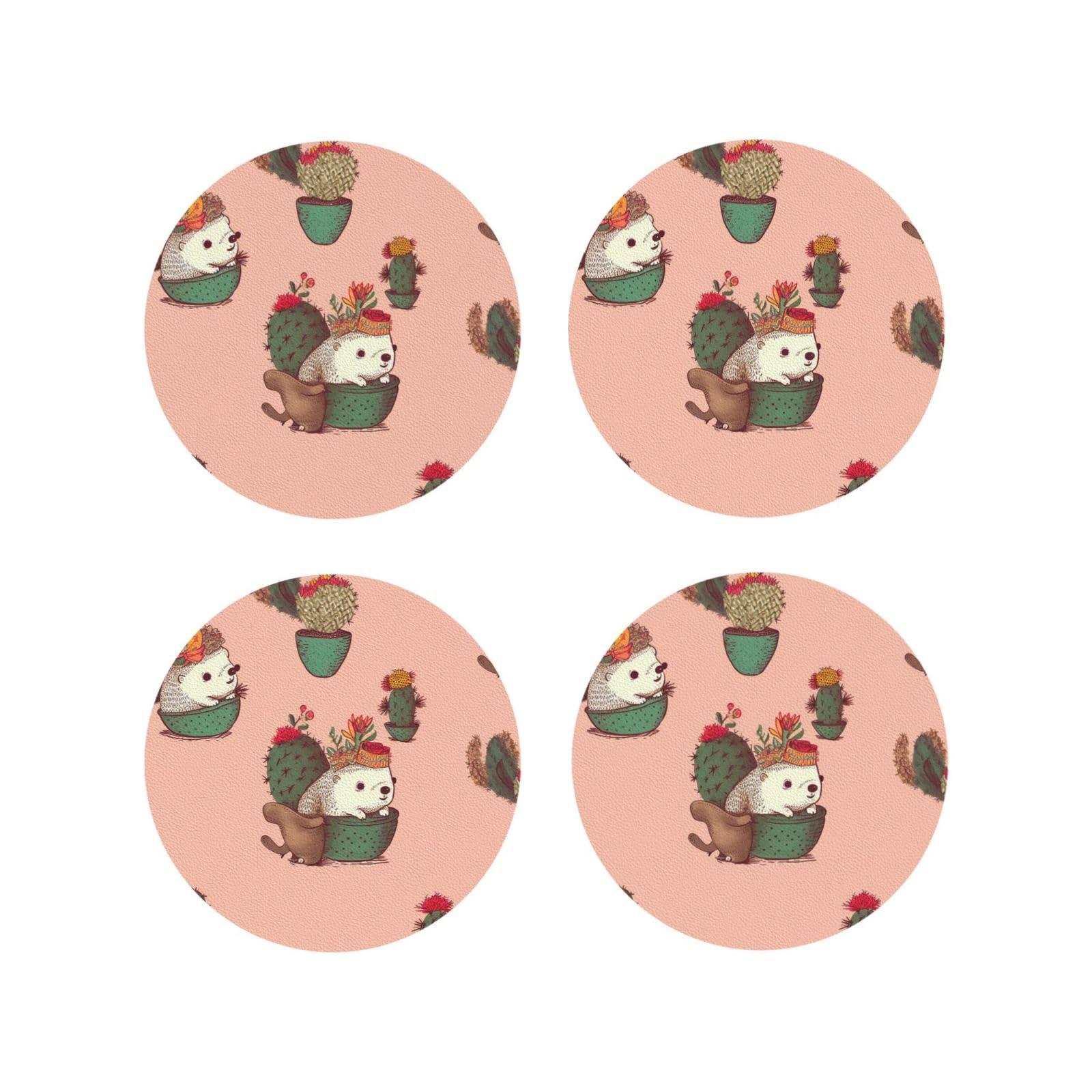 4pcs Drink Coasters for Tabletop Protection, 4" Leather Coasters for Drinks, Hedgehog and Cactus Cup Coasters for Coffee Table Decor, Non-Slip Drinking Cup Mat for Hot Or Cold Drink