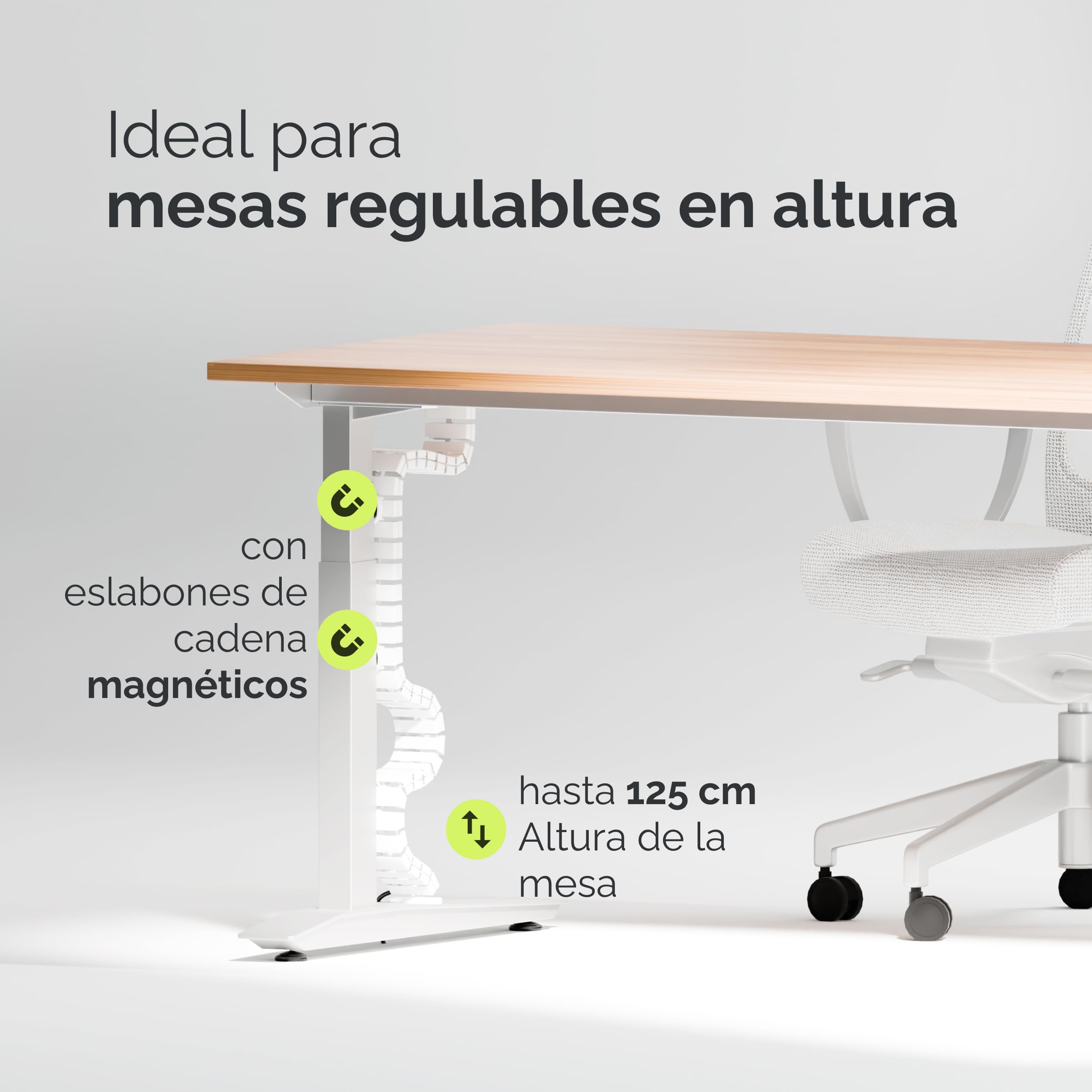 VALU Organizador de Cables Escritorio Premium – Cable Management 128 cm Flexible para Escritorio Regulable – Montaje con Tornillos o Adhesivo – 4 imanes y 3 organizadores incluidos