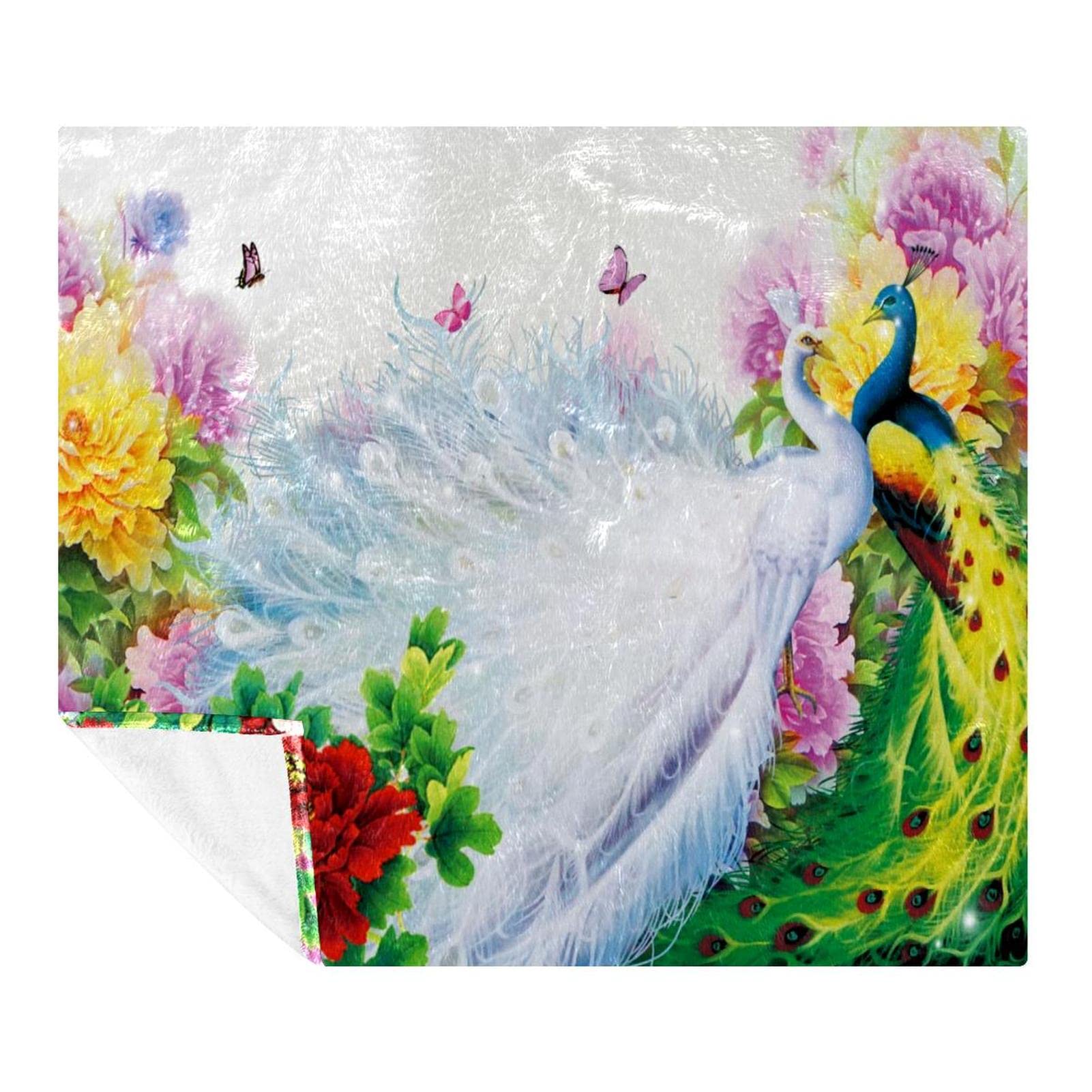 Couverture lit et canapé motif paon floral, le plaid de voyage doux pour toute la famille