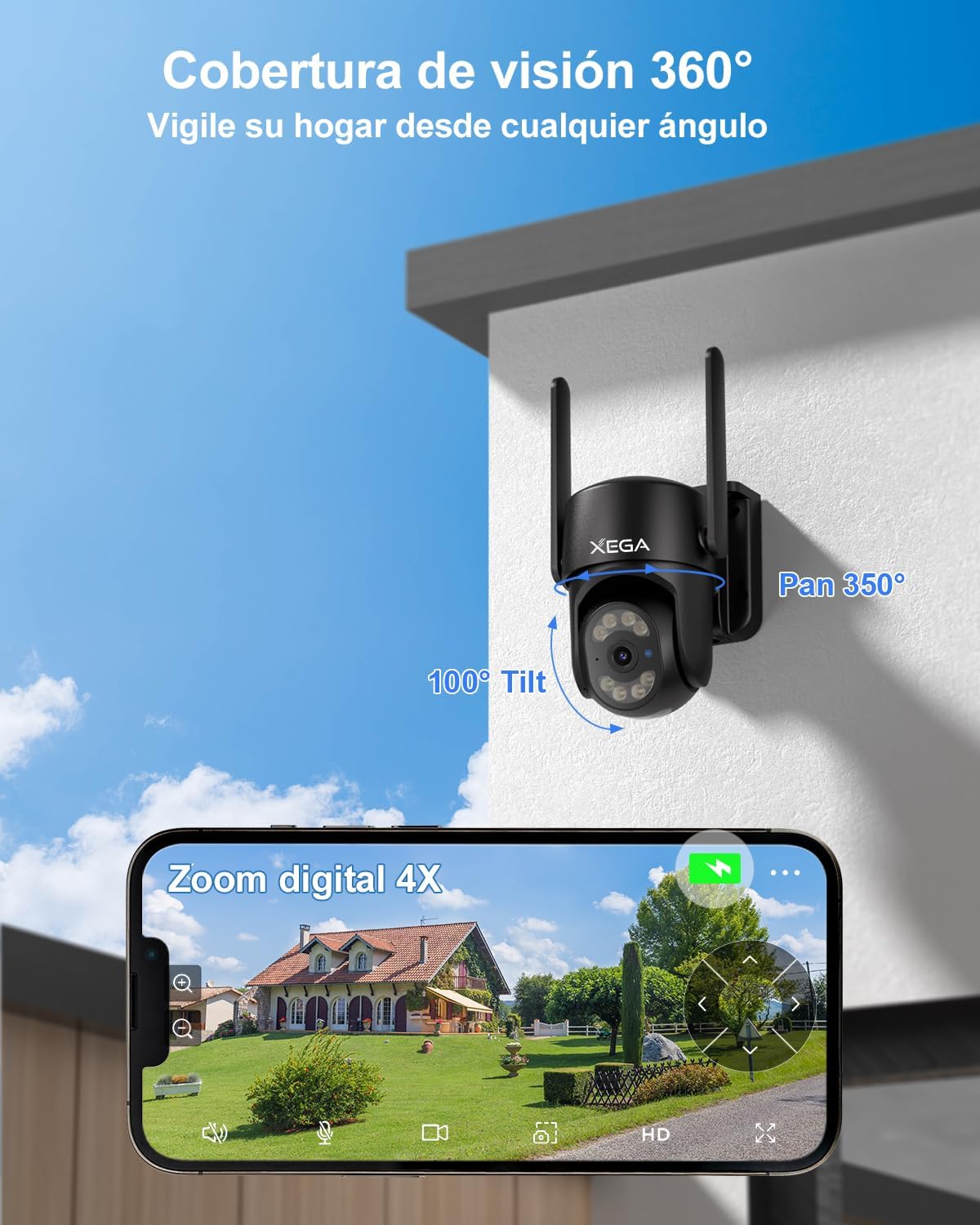 Image illustrating the camera's 360-degree vision, with text indicating 'Pan 350°' and 'Tilt 100°'. A smartphone screen shows a zoomed-in view of a house, demonstrating 4X digital zoom.