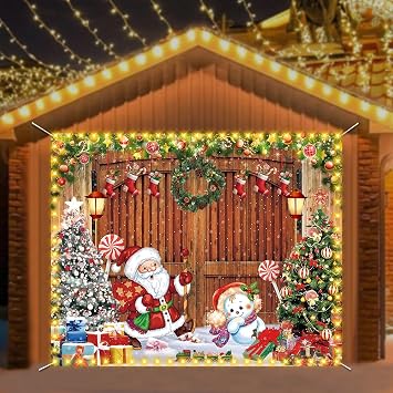 Christmas Garage Door Banner Cover with Led Light, 7X8ft Hanging Christmas Santa Claus and Snowman Backdrop Garage Door Decorations for New Year Holiday Party
