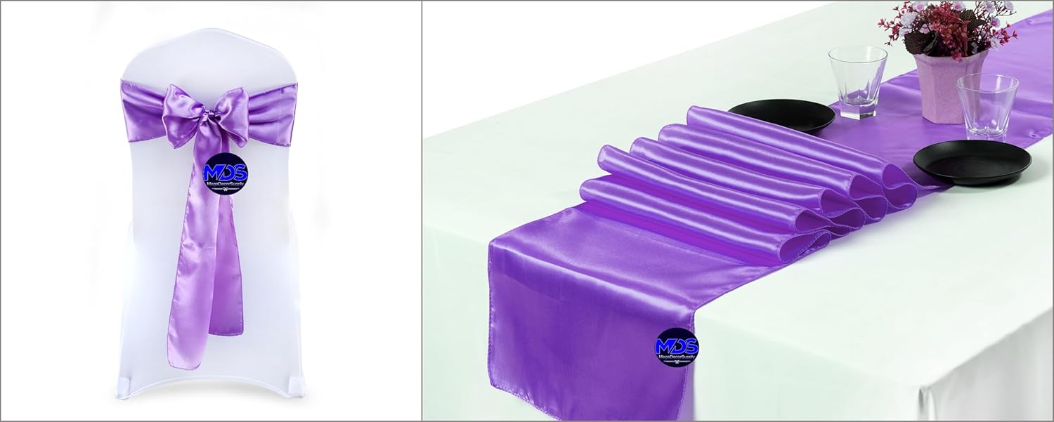 MDS Pack of 50 Satin Chair Sashes Bow sash and 10 Wedding 12 x 108 inches Satin Table Runner for Wedding Events Supplies, Decorations for Birthday Parties, Graduations, Engagements - Lavender