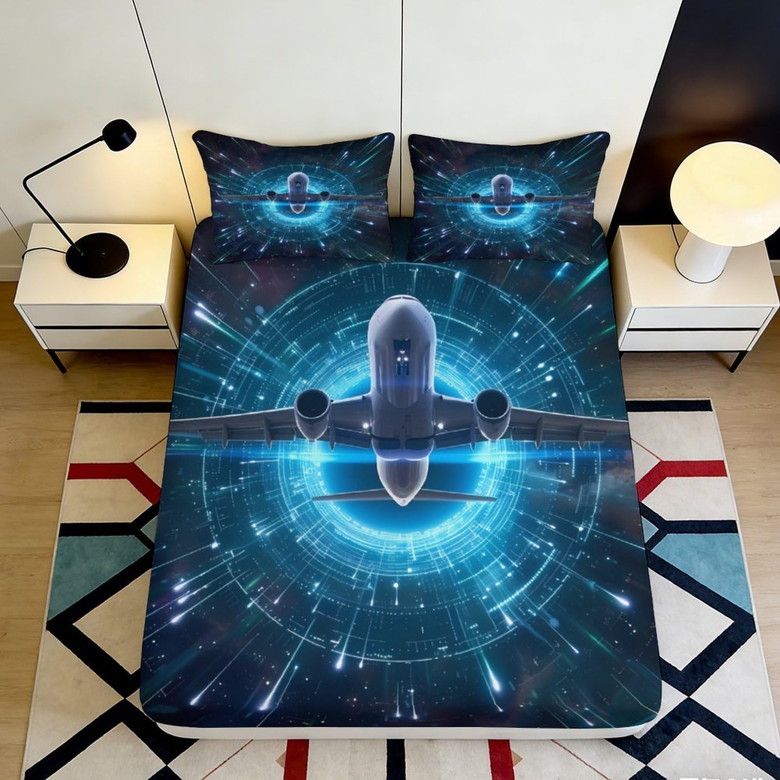 3D Printed Futuristic Aircraft Fitted Sheet Microfiber Deep Blue Space Bed Cover for Bedroom Dorm Mattress Protection 90x200x25cm