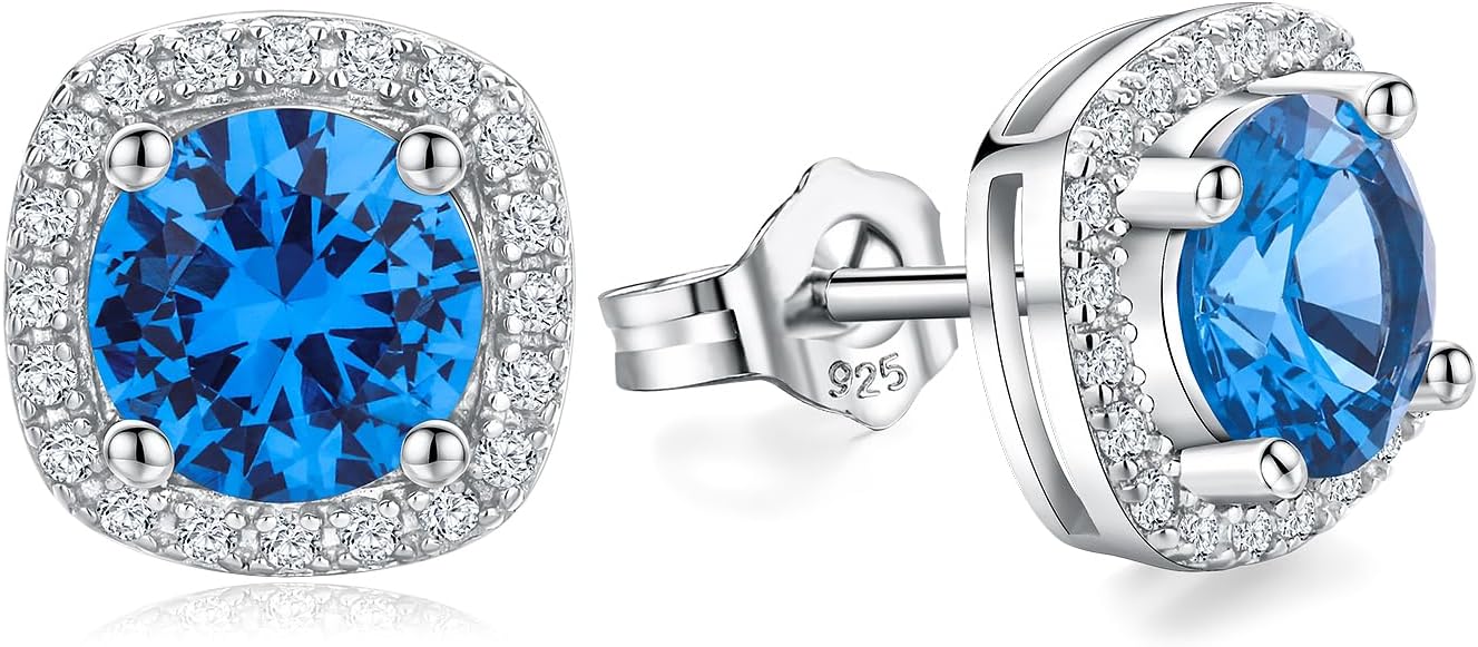 925 Sterling Silver Halo Birthstone Stud Earrings for Women Shiny Ear Studs Anniversary Birthday Valentines Jewelry (with Gift Box)