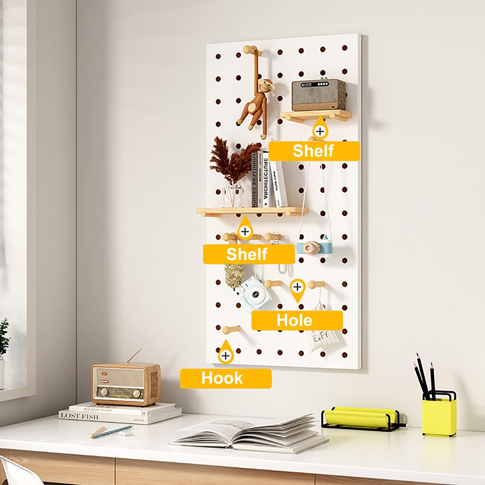 Pegboard Madera Tablero Perforado Escritorio Organizador Herramientas Panel Perforado Estanterias Almacenaje Pared con Accesorios(Natural,60x80cm/24x31in)