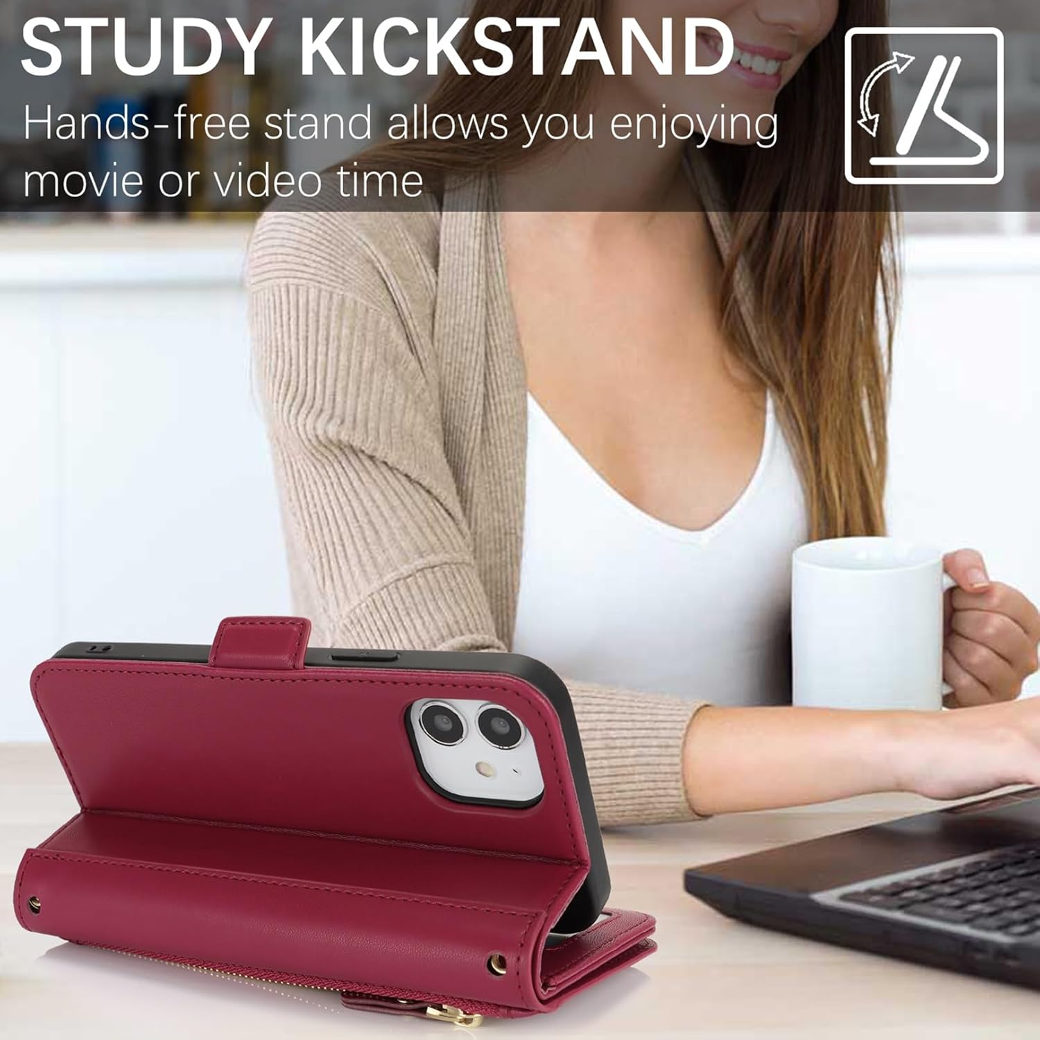 Jaorty for iPhone 12 Pro / 12 Phone Case with RFID Blocking Card Holder for Women Men,Phone Case Wallet for iPhone 12 with Wrist Strap,PU Leather Zipper Pocket Credit Card Slots Flip Cover,Dark Red - Image 4