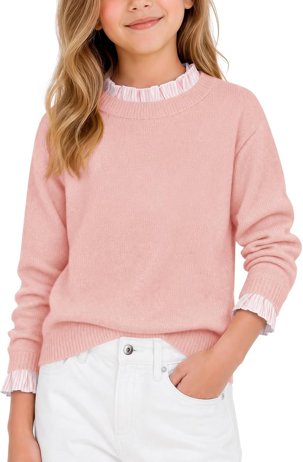 Haloumoning Girls Cute Ruffle Trim Sweaters Kids Long Sleeve Pullover Tops