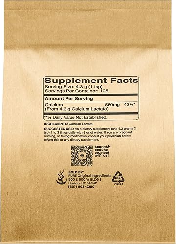 Vista 2 de Pure Original Ingredients Lactato de calcio (1 lb) Suplemento de calcio, electrolito, sin OMG