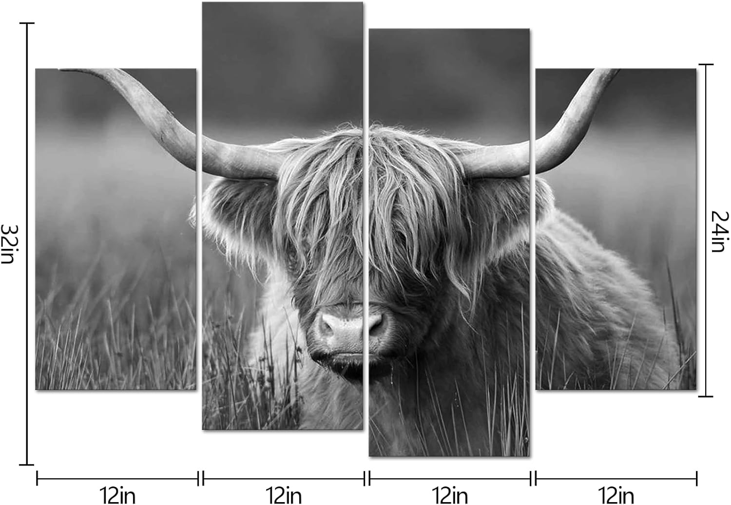 HOMEOART Highland Cow Wall Art Cow Pictures Wall Decor Black and White Country Wall Decor Framed Canvas Print Large 4 Panels 34 x 48 Inch