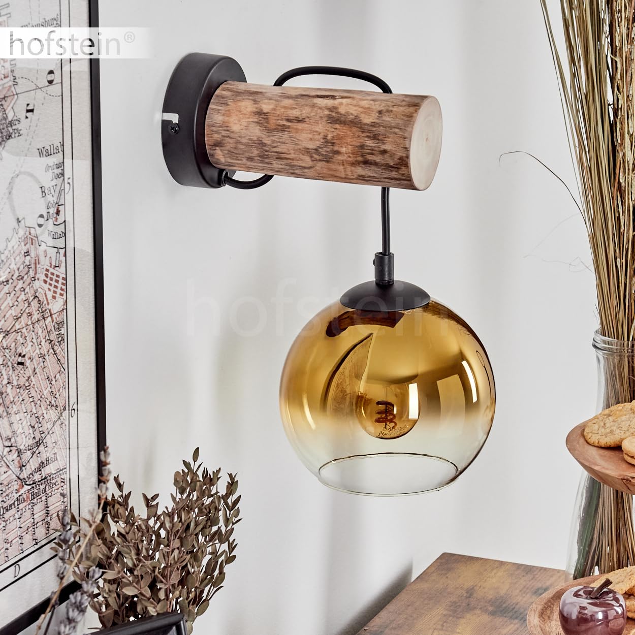 Wandleuchte Koyoto, Wandlampe aus Metall/Holz/Glas in Schwarz/Natur/Gold/Klar, Leuchte im Retro/Vintage-Design mit Schirm aus Glas (Ø 15 cm) u. An/-Auschalter am Gehäuse, 1 x E27, ohne Leuchtmittel