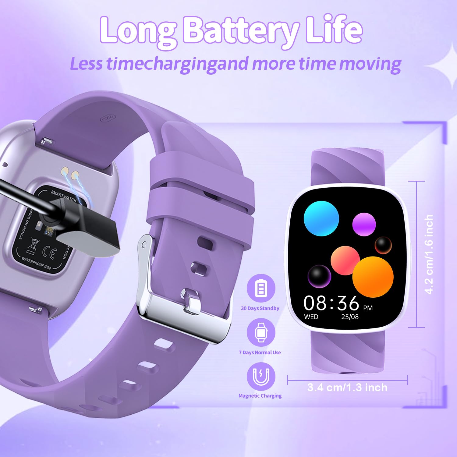 Smart Watch for Kids, Kids Fitness Tracker Watch for Boys Girls Ages 5-15, Activity Tracker, Heart Rate Sleep Monitor, IP67 Waterproof, Pedometer, Sport Modes, Puzzle Game (Purple)