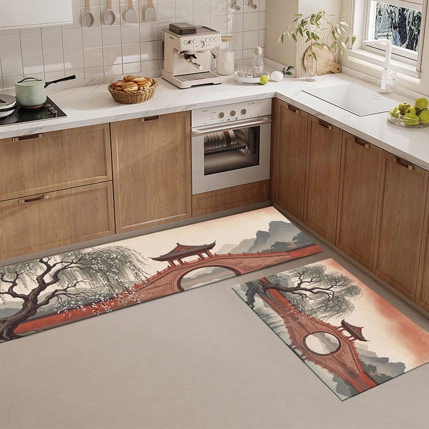 Style Chinois Tapis de Cuisine 2 pièces, Pavillon Pont Pierre Saule Tapis de Cuisine antidérapant, Rouge Tapis de Sol de Cuisine Absorbant résistant aux Taches - 43x75+43x150cm