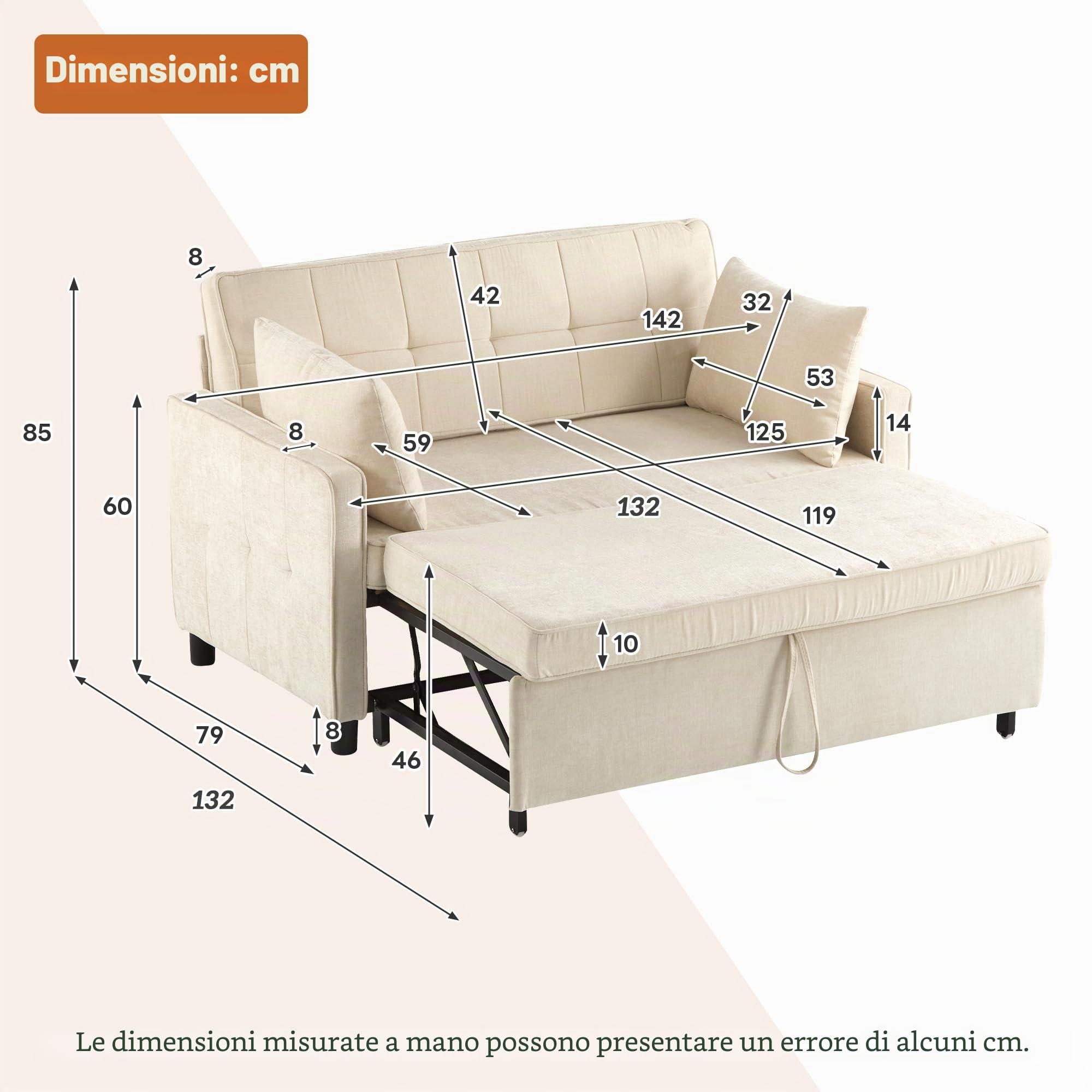 Divano a due posti, divano letto matrimoniale, schienale regolabile, tessuto di ciniglia, schiuma ad alta densità, divano da salotto (Beige)