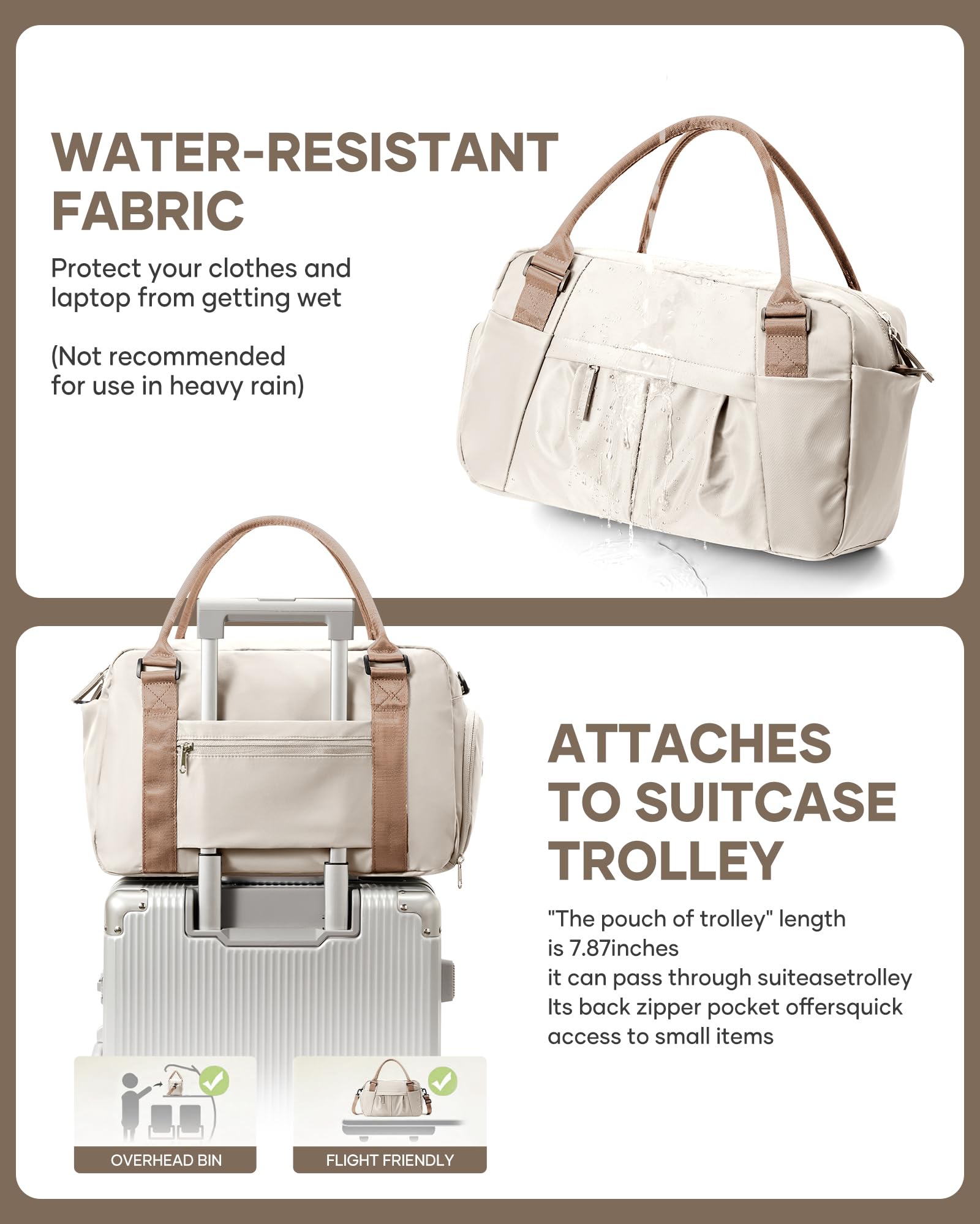 Borsone da Viaggio Donna, 40x20x25 Ryanair Bagaglio a Mano Borsa da Viaggio con Scomparto per le Scarpe, Borsa Sportiva Borsone da Palestra Grande, Borsa da Weekend,Borsa per Ospedale J1-Marrone beige