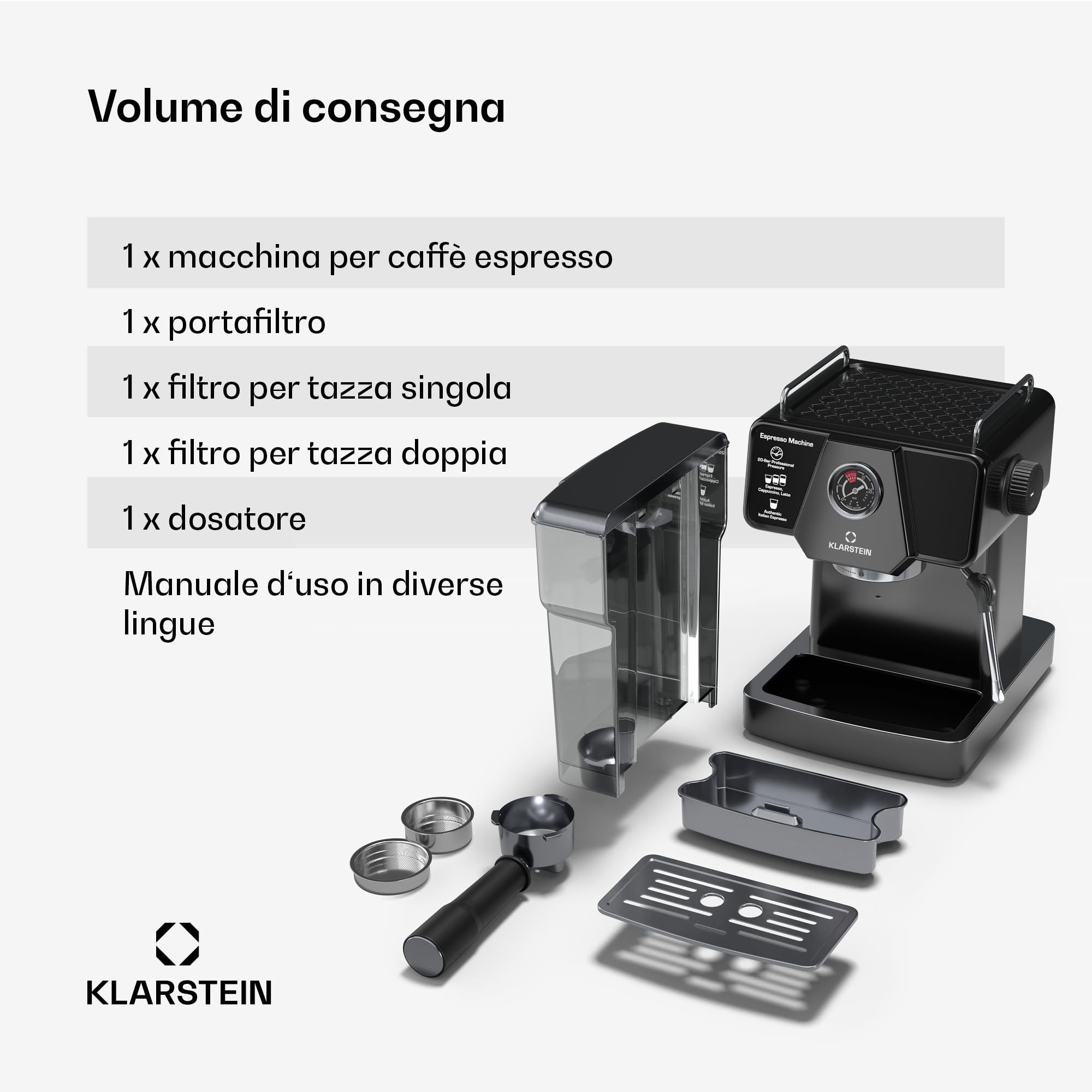 Klarstein Libeica - Macchina per Caffè Espresso, 19 Bar, 1350W, Acciaio Inox, Serbatoio da 1,8L, Ugello del Vapore, Touch Control, Per Caffè & Espresso in Polvere, Design Elegante