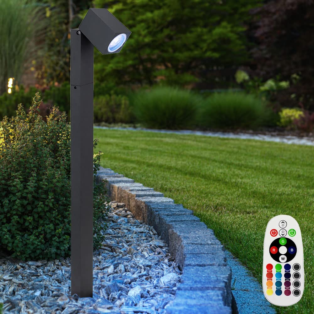 Wegeleuchten Außen anthrazit Garten Stehlampe Aussen Außenleuchte Terrasse stehend, schwenkbar, Fernbedienung dimmbar, 1x RGB LED 3,5W, LxBxH 11,5x7,2x80 cm
