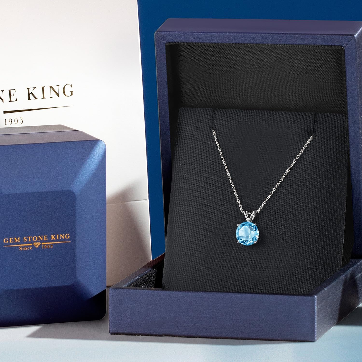 Gem Stone King 14K White Gold Swiss Blue Topaz Pendant Necklace for Women | 2.25 Cttw | Gemstone November Birthstone | Round 8MM | With 18 Inch Chain - Image 5