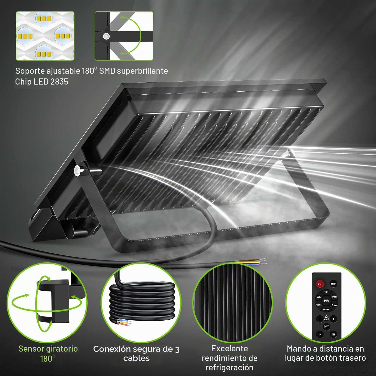 Foco LED con Sensor de Movimiento 200W 20000LM - Exterior Super Brillante IP66 Impermeable con Brillo Ajustable 6500K Blanco Frío para Casa, Garaje, Patio 2 Pack