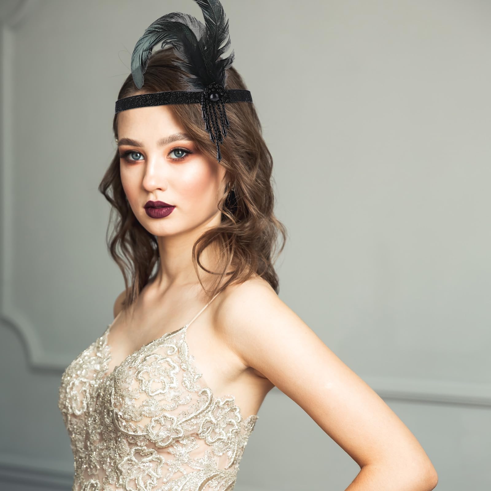 Gjinxi Kobiety lata 20. Flapper Feather opaska na głowę zestaw rękawiczek maskarada motyw Gatsby nakrycie głowy długie rękawiczki na Halloween, przyjęcie herbaciane, karnawał, kostium do włosów