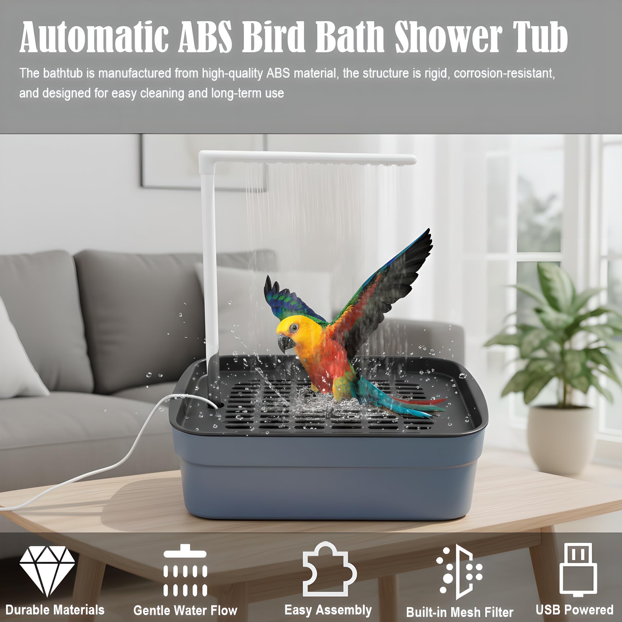 Ducha automática para pájaros con bomba, fuente de flujo de agua ajustable, alimentación por USB, ideal para pájaros pequeños a medianos, incluye accesorio para jaula de loros