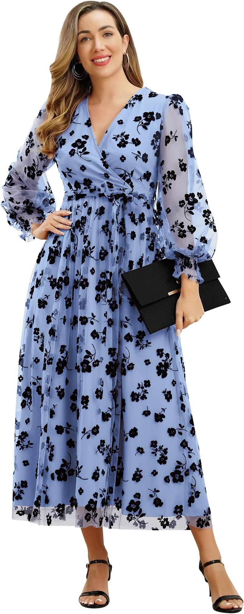 Women Floral Embroidered Maxi Dress Long Puff Sleeve Tulle Prom Dresses Belt V Neck Lantern Long Sleeve Homecoming Dresses