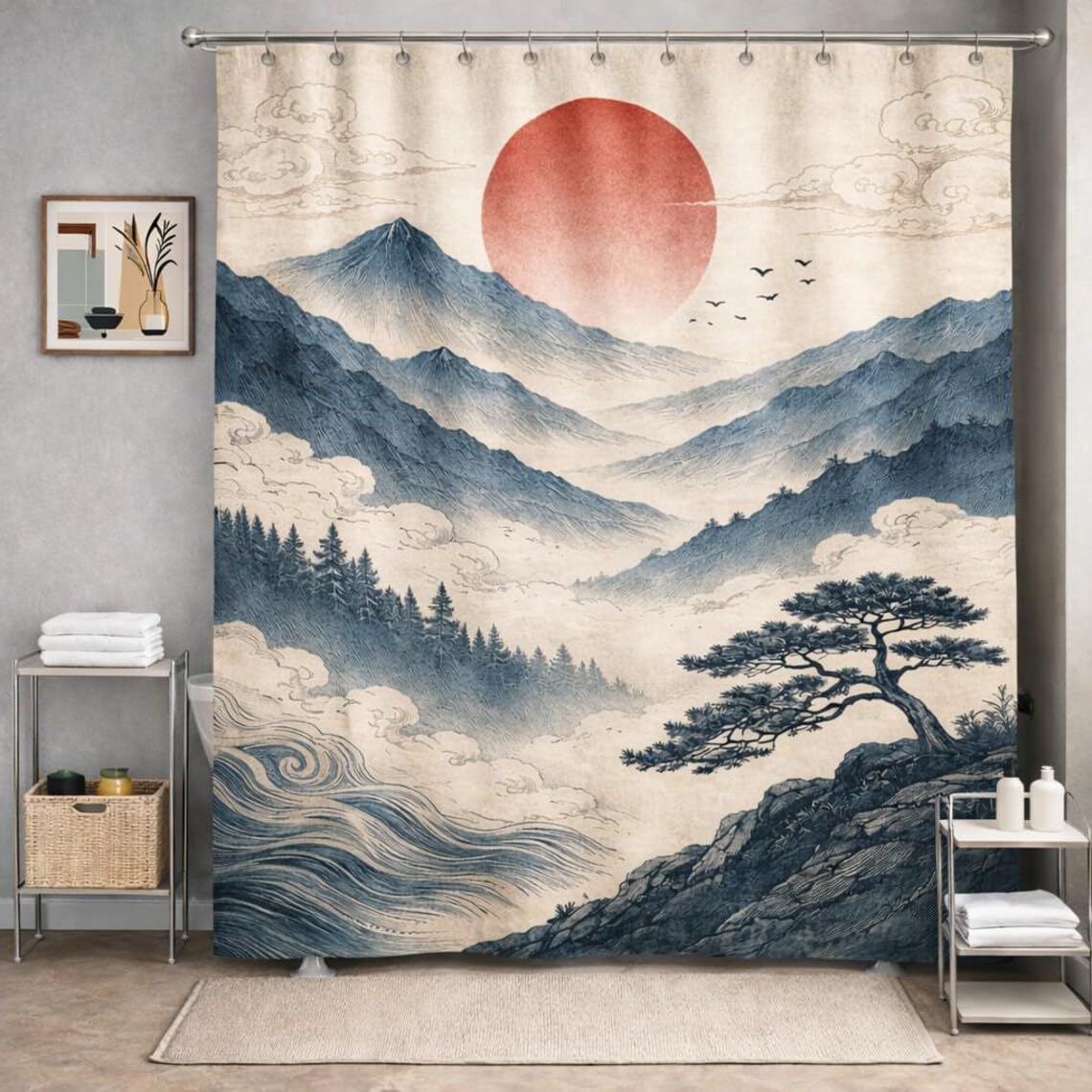Ukiyo-e japońska zasłona prysznicowa, vintage krajobraz górski zasłona łazienkowa, czerwone słońce dekoracja łazienki, azjatycka sztuka ścienna zen (145 x 230 cm / 57x91in (szer. x wys.)