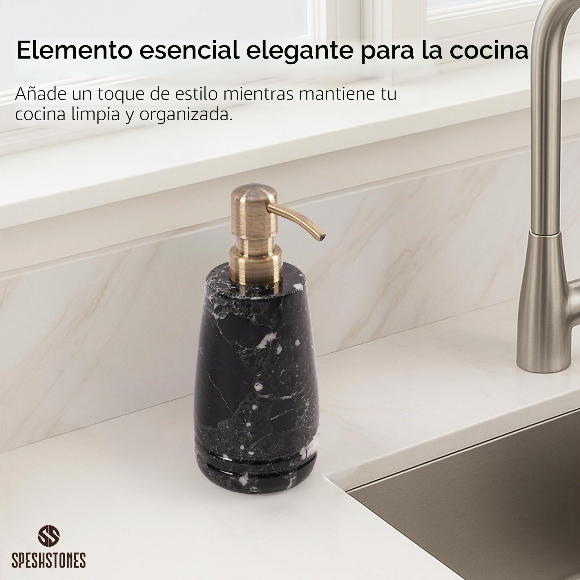 SPESHSTONES - Dispensador de jabón de mármol de 19 cm, color negro para jabón líquido de manos y vajilla para fregadero de cocina, contenedor para desinfectante, loción, champú espumoso para