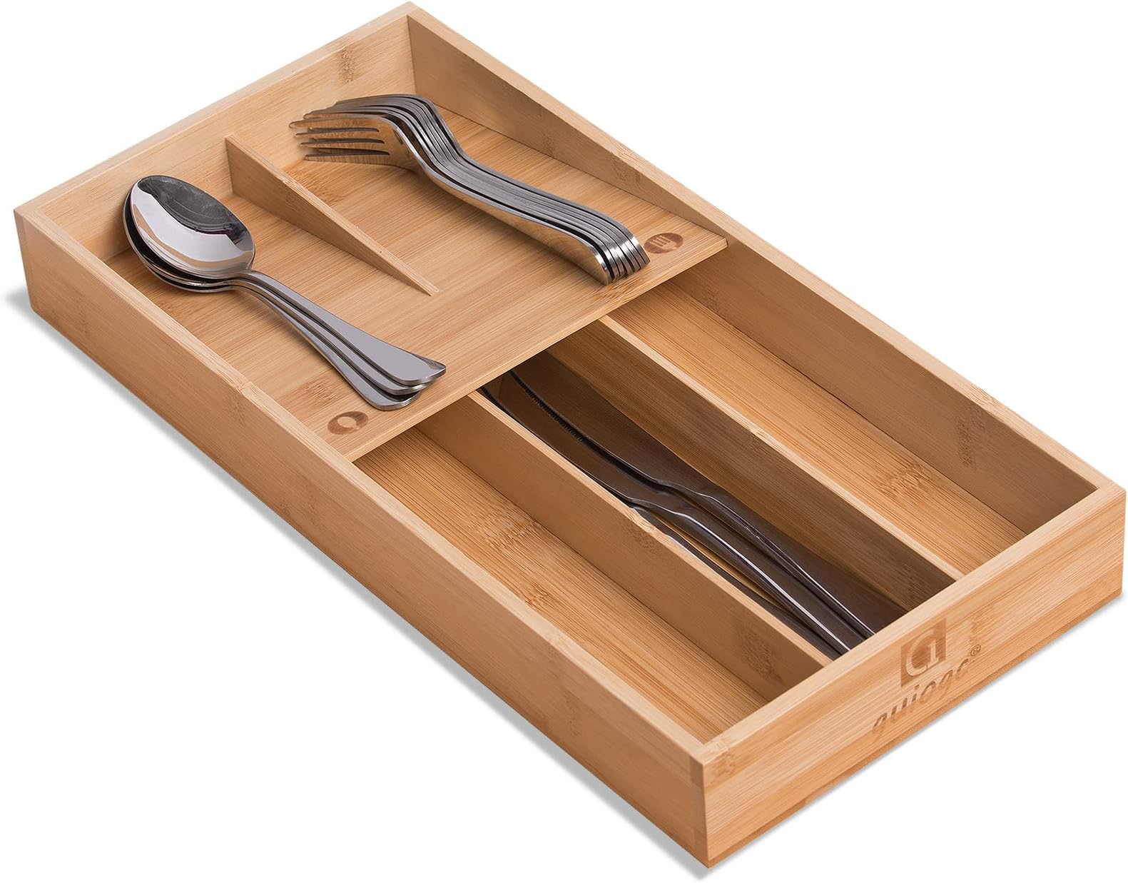 guiogc Bamboo Silverware Organizer, Kitchen Silverware Drawer Organizer, Utensil Tray Holder, Cutlery Tray for Spoons, Forks, Knives