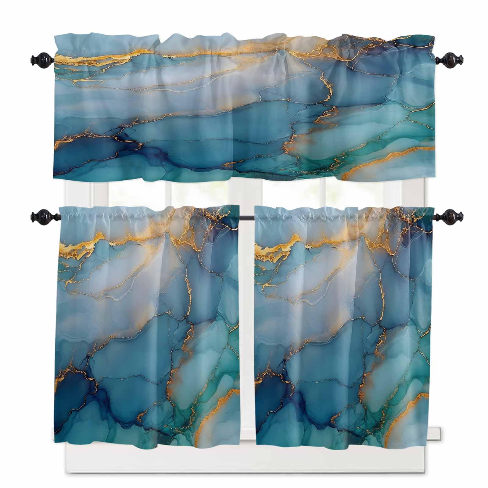 Turquoise Blue Marble Kitchen Curtains 36 Inch Length, 3 Piece Rod Pocket Small Half Tiers and Valance Set, Modern Teal Gold Geometric Small Large Window Treatment Decor for Bedroom/Bathroom Sink