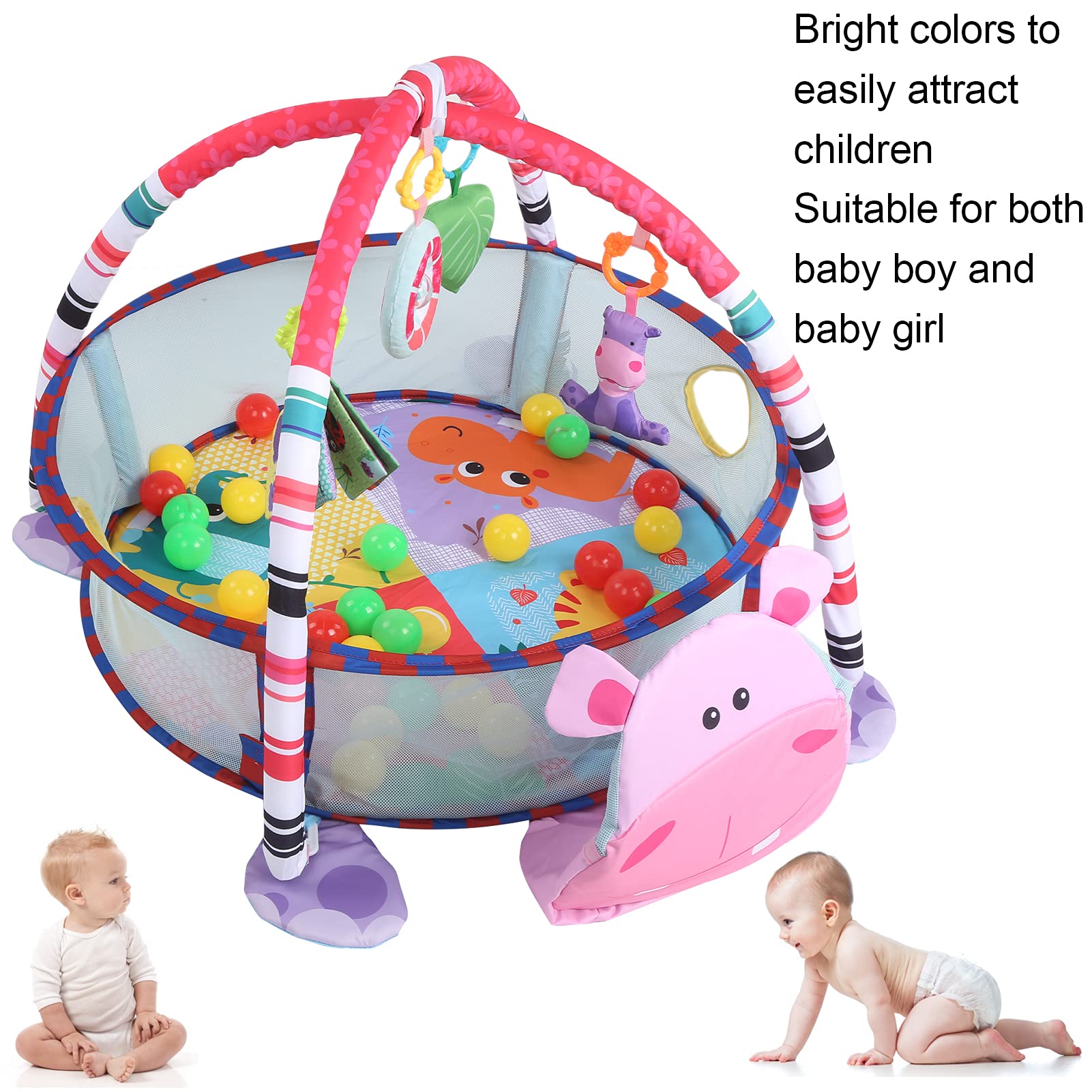 Tappetino da Gioco per Bambini 3 in 1, Struttura Fitness per Palestra, Colore Brillante, per Neonati e Bambini Piccoli, in Tessuto, 95 X 70 X 50 cm. (Ippopotamo Rosa)