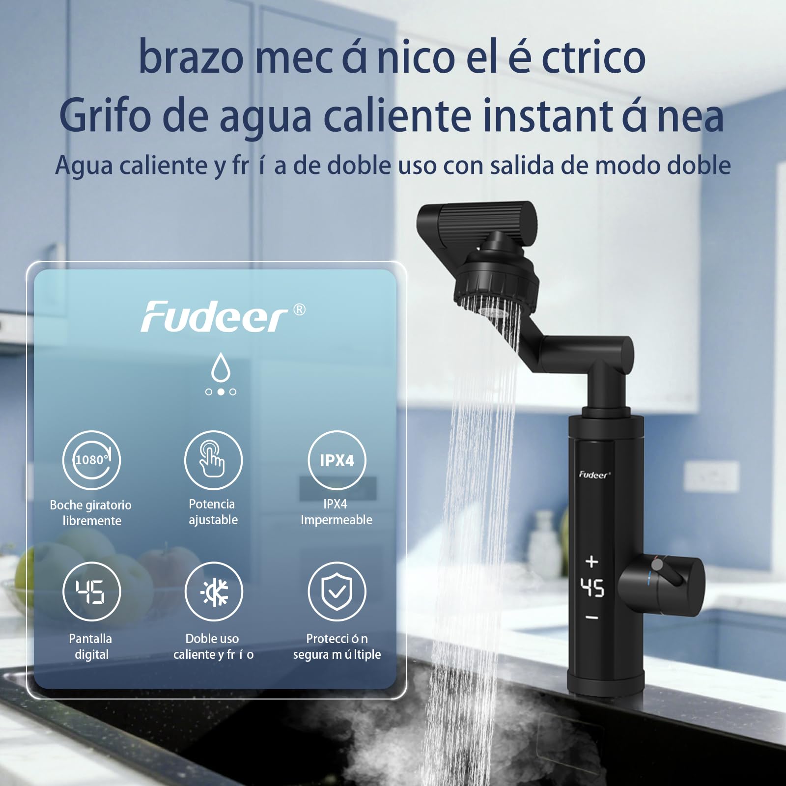 Grifo de agua con calentador de paso con tobera universal para cocina,Armadura de acero inoxidable con calentador de paso suministro con pantalla digital, 230v Grifo eléctrico