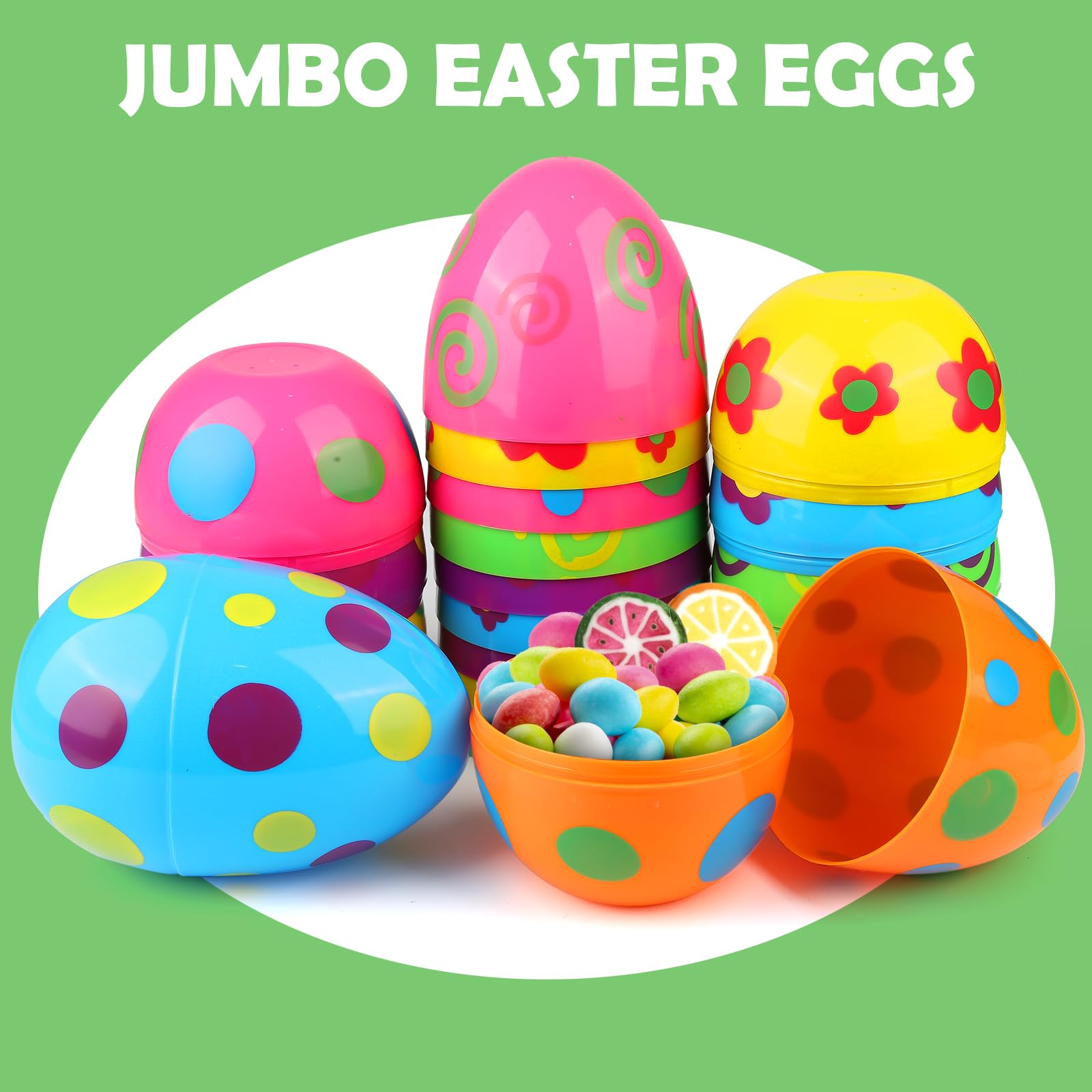 SURCVIO 12 Pcs Jumbo Printed Easter Eggs, 6 Inches Giant Plastic Eggs Fillable for Easter Themed Hunt Basket Stuffers Fillers, Filling Treats Party Favor Hunt Game Classroom Prize Supplies