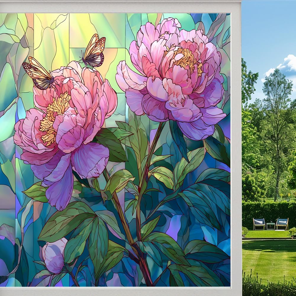 Colorful Peony Flowers Stained Glass Window Film, Vintage Floral Butterfly Nature Peel and Stick Privacy Film, Frosted Adhesive Vinyl Decorative for Bathroom Windows Glass Doors,（55x100cm）