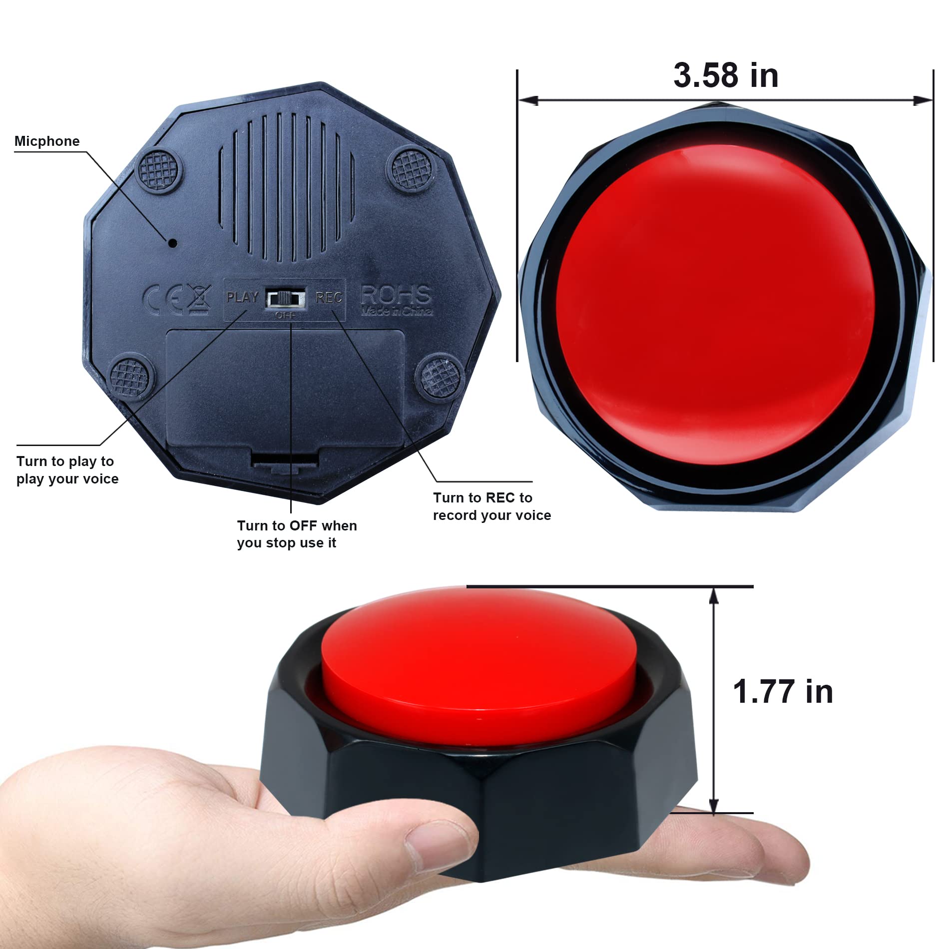 Botones grabables, botones de perro para comunicación, actualización de grabación de 30 segundos, paquete de 4 zumbadores de colores, fácil de usar, seguridad del material. (pilas en el