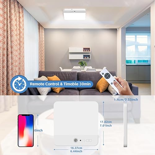 Miniatura 6 de Lámpara de techo recargable con sensor de movimiento con control remoto, luces de techo inalámbricas, funciona con pilas, 400 lm y 3 colores con