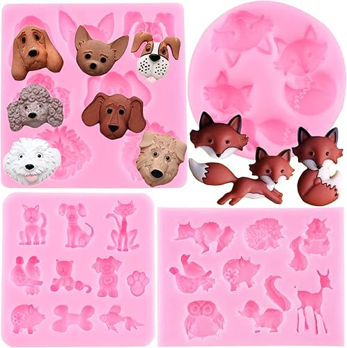 Mujiang Moldes de silicona para fondant de animales del bosque, gatos, perros, zorros, ardillas, erizo, búho, pájaro, caramelo, para decoración de
