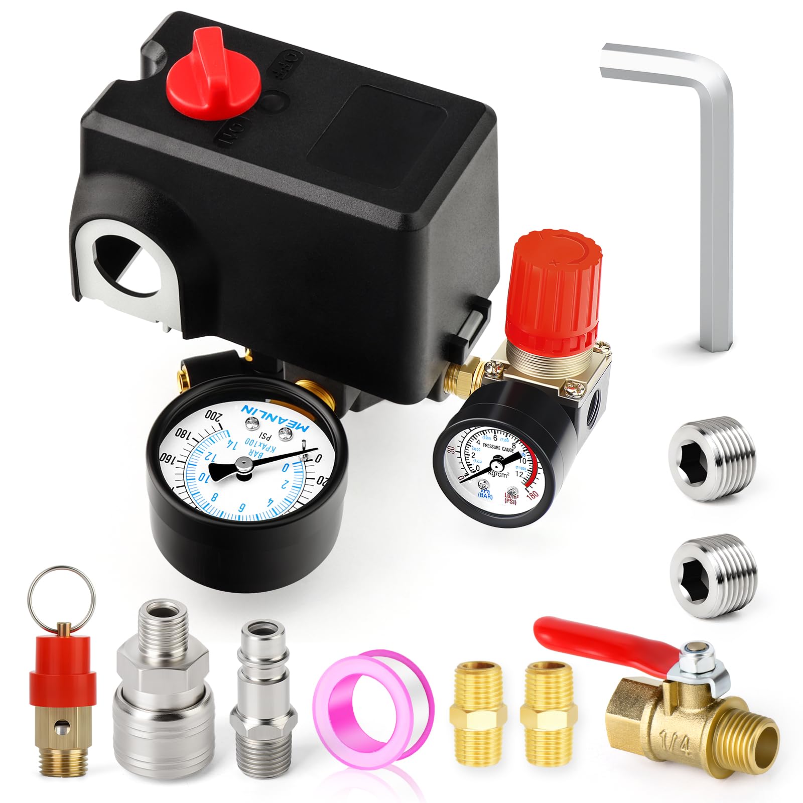 MEANLIN MEASURE Valvola di controllo del pressostato del compressore d'aria 8.3~10.7 BAR 110V-240V Ricambi per porta laterale a 4 vie con regolatore del compressore d'aria e valvola di sicurezza