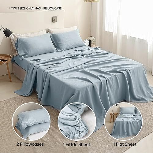 Miniatura 5 de Simple&Opulence - Juego de sábanas de lino 100% lavado, estilo básico, 4 piezas (1 sábana encimera y 1 sábana bajera y 2 fundas de almohada), lino