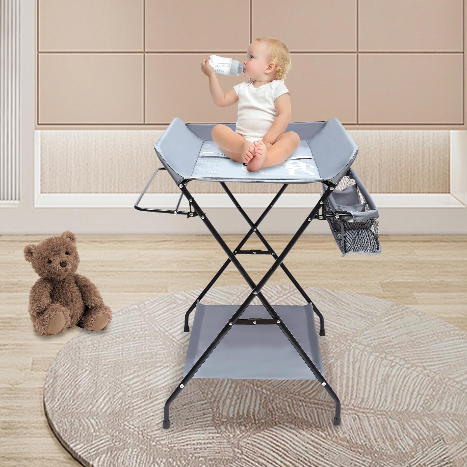 Cambiador plegable 4 en 1, cambiador y estación de baño, zapatero y tendedero, cómoda para cambiar pañales, tela de alta calidad, plegable, espacio de almacenamiento, cambiador de viaje, color gris