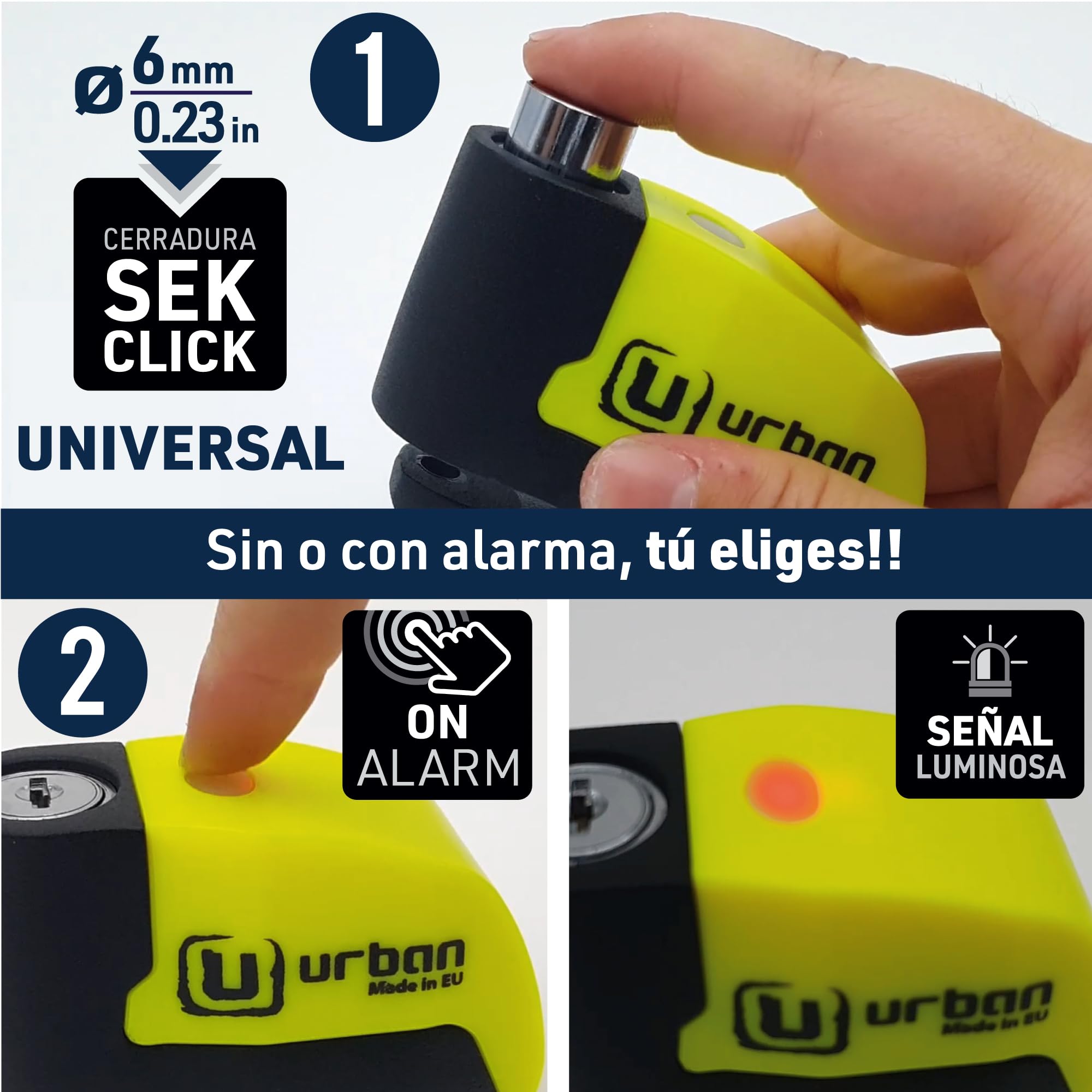 URBAN UR6 Candado Moto con Alarma Inteligente | Antirrobo Disco Más Eficaz | Hi-Tech, 120db, LED, Warning Sensibilidad A+, Pila CR2 Larga Duración, Más Impermeable, Pinza 6mm Universal Scooter Bici