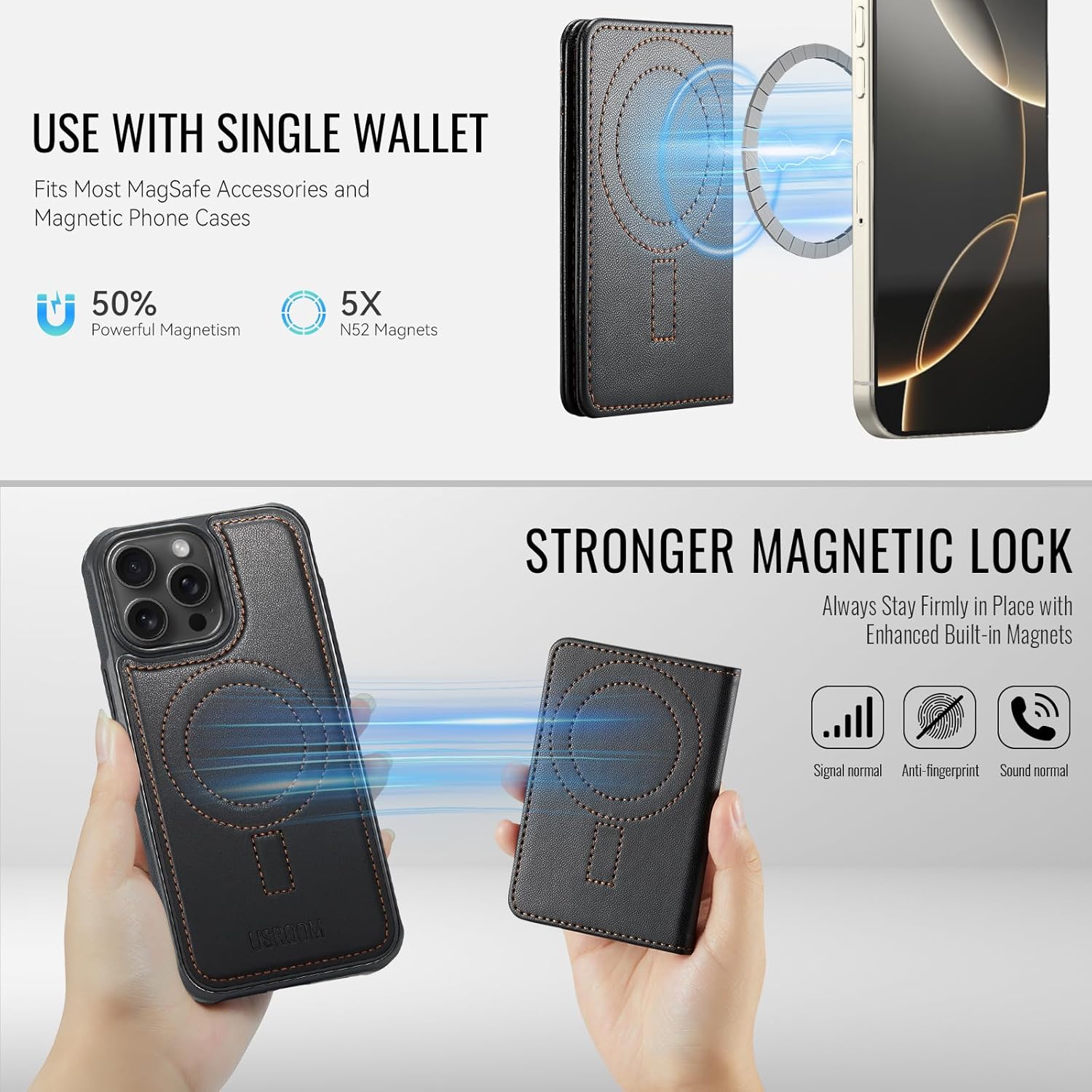 for iPhone 15 Pro Max Wallet Case Compatible with Magsafe, RFID Blocking Magnetic Card Holder Detachable Kickstand Detachable Shockproof Phone Cover, Black