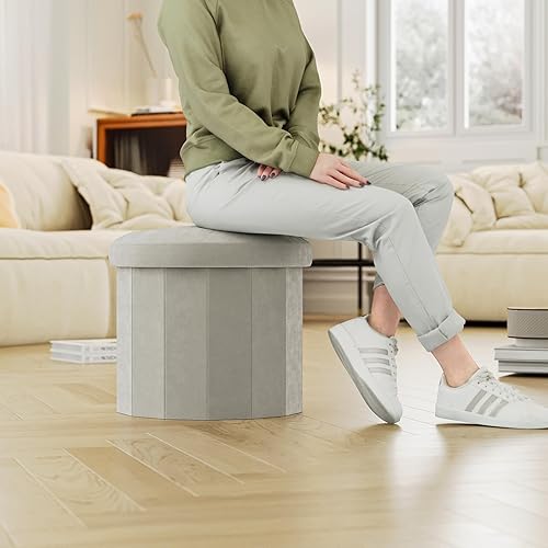 Miniatura 6 de Ablon Otomana de almacenamiento de terciopelo, cajas de almacenamiento redondas con asiento acolchado suave, reposapiés plegable y organizador para