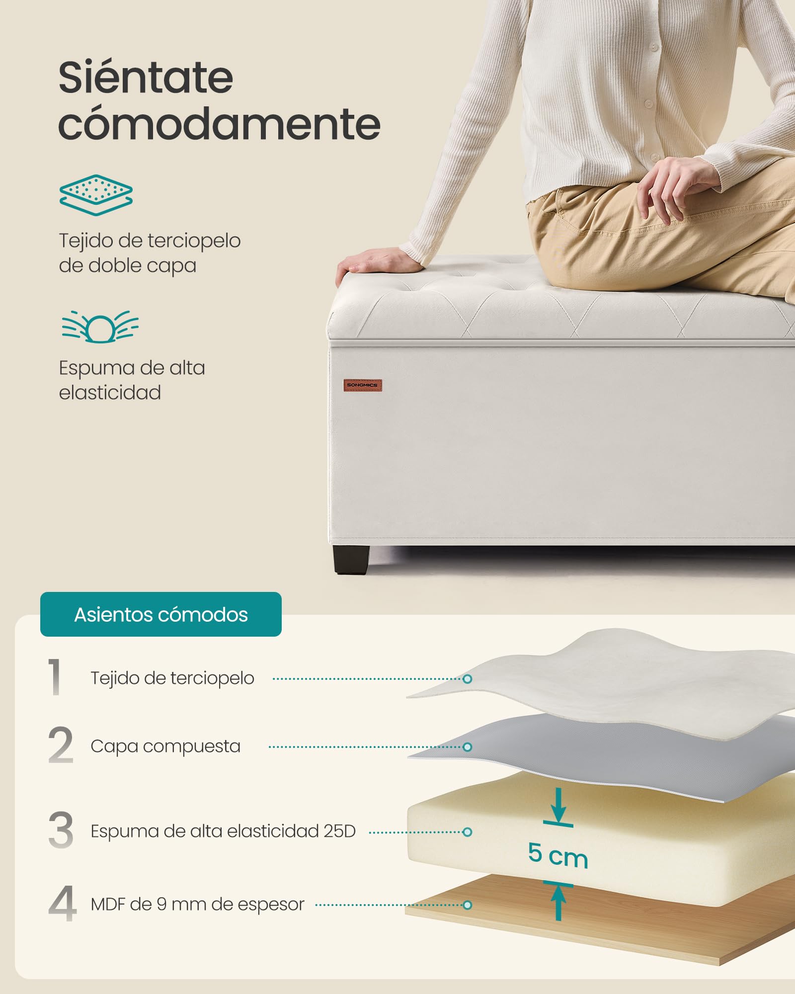 SONGMICS Puff Almacenaje, Baúl con Patas, 40 x 110 x 39 cm, Banco de Pie de Cama, Banco Almacenaje, Soporta hasta 300 kg, para Sala de Estar, Dormitorio, Entrada, Blanco Crema LSF089W01